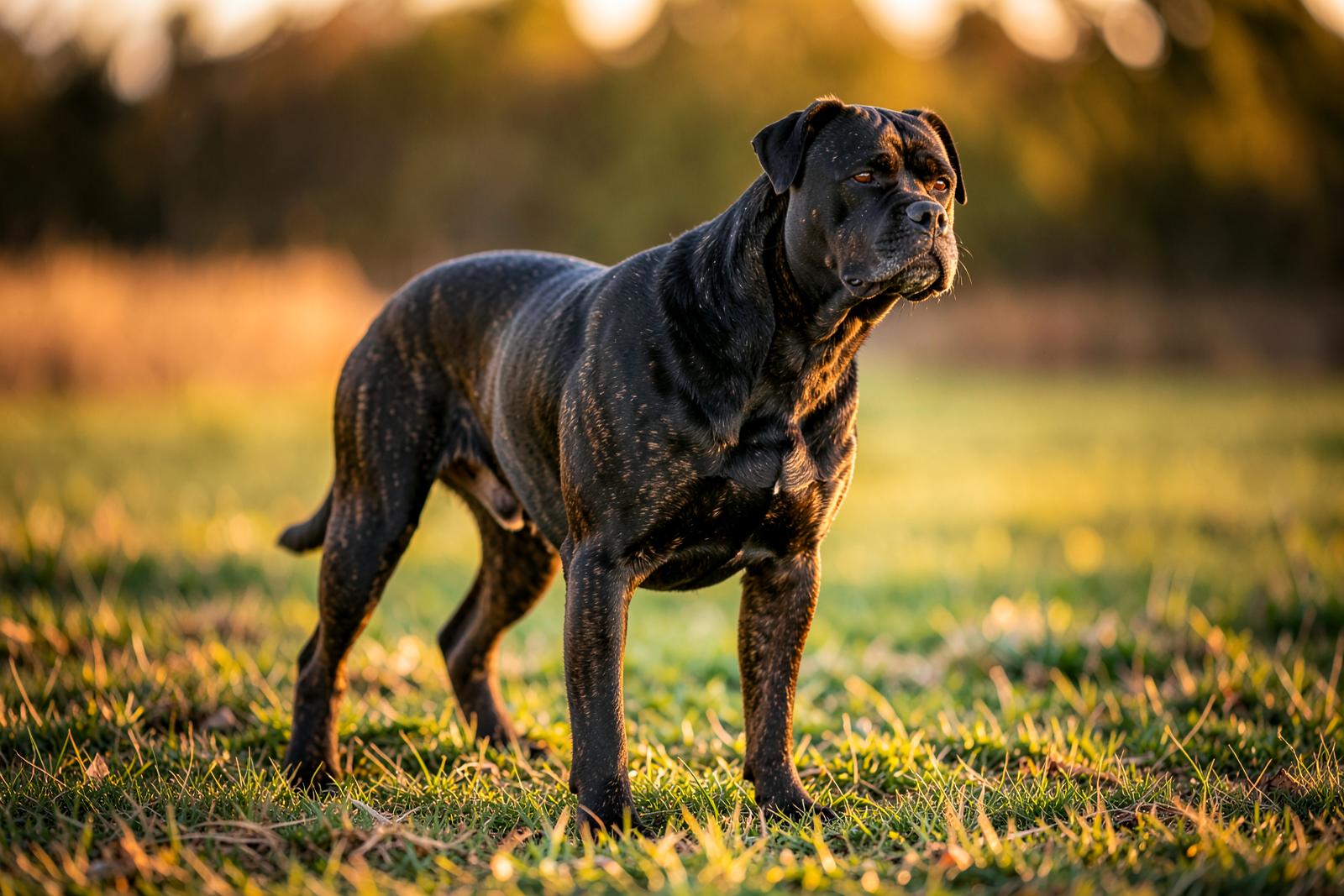 Muscular black brindle Cane Corso Pitbull mix standing alert in a field
