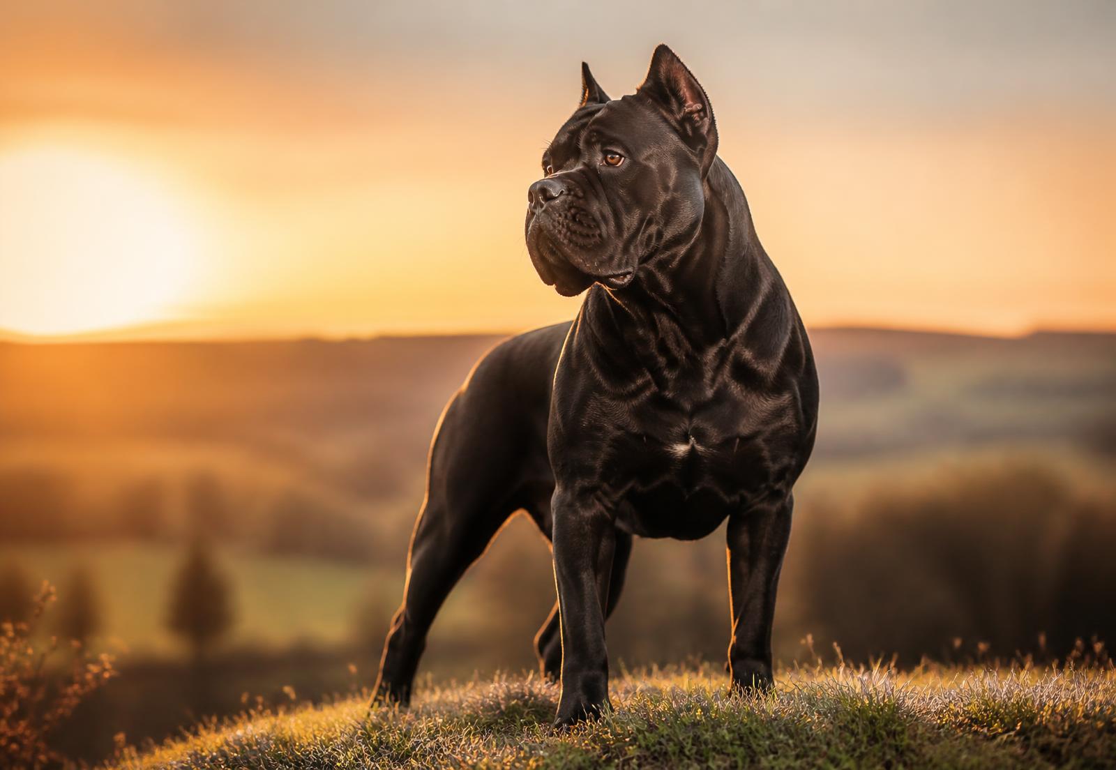 Adult Cane Corso standing outdoors in warm evening light