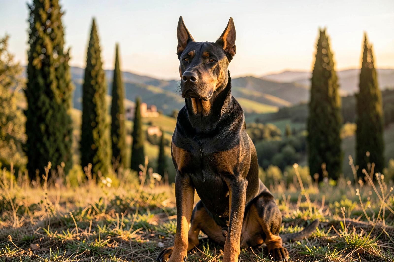 Cane Corso sitting in the Italian countryside with cypress trees behind